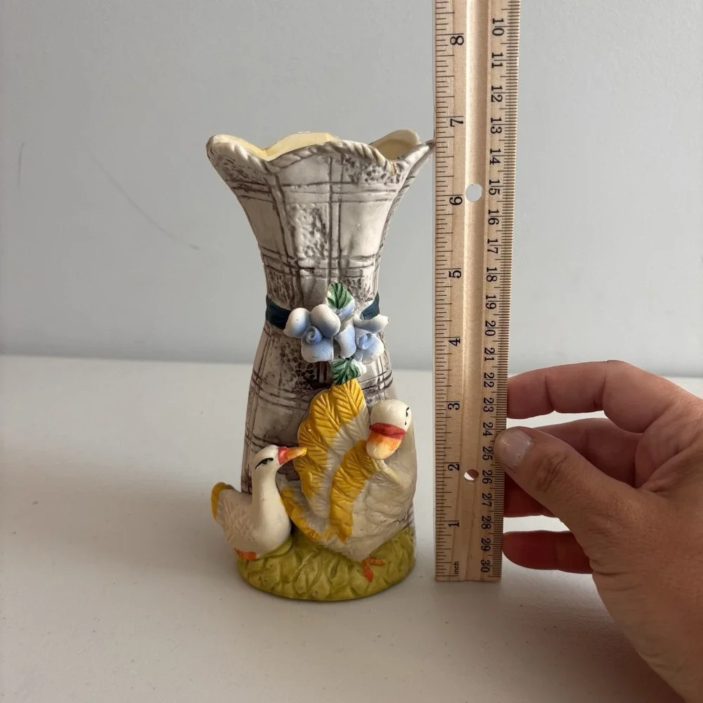 Painted Retro Ceramic Duck Swan Flower Vase Country Core 90s Art Cottagecore